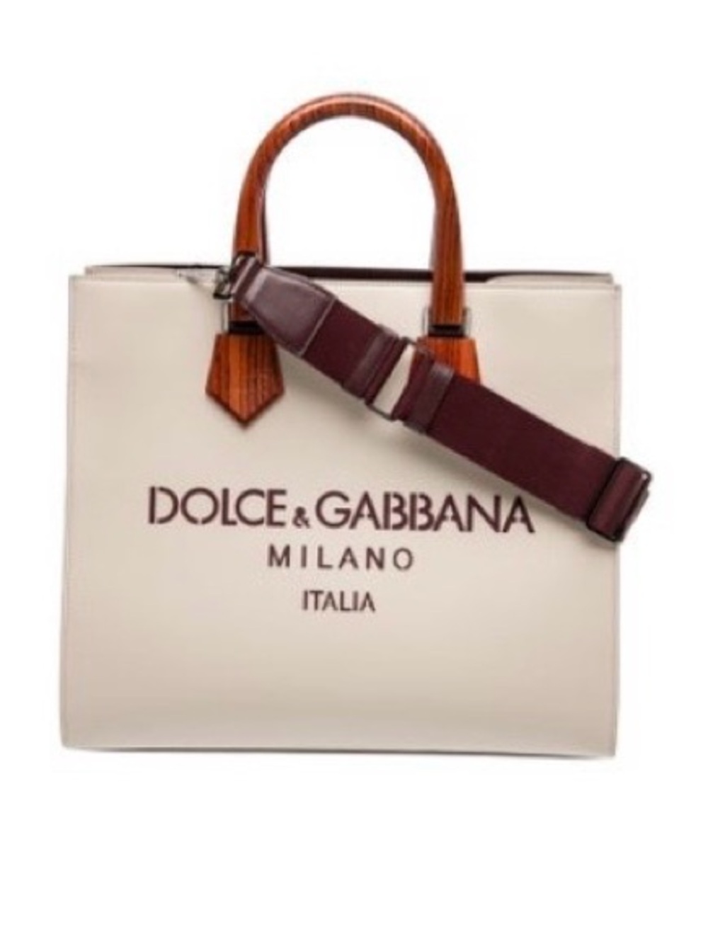Dolce & Gabbana Cream Milano Logo Tote with Brown Handles and Burgundy Strap